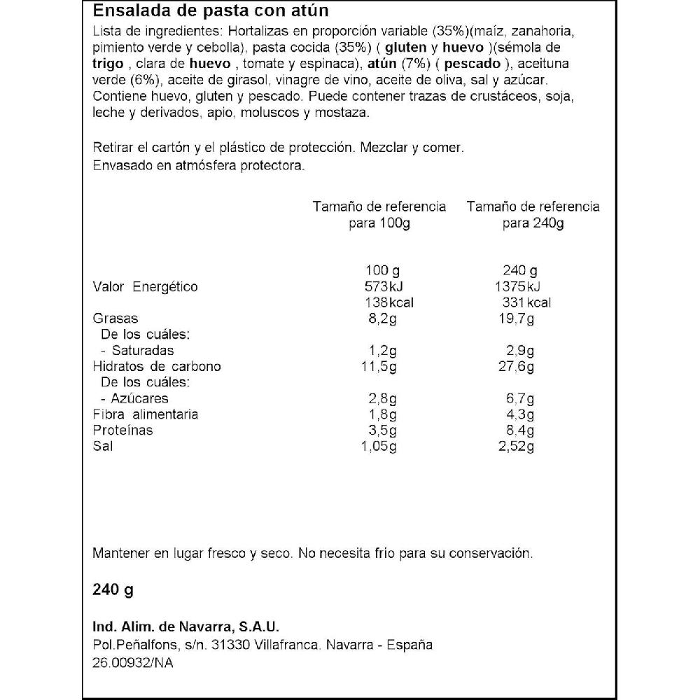 Eroski Ensalada De Pasta Con Atún CARRETILLA Bol 240 G
