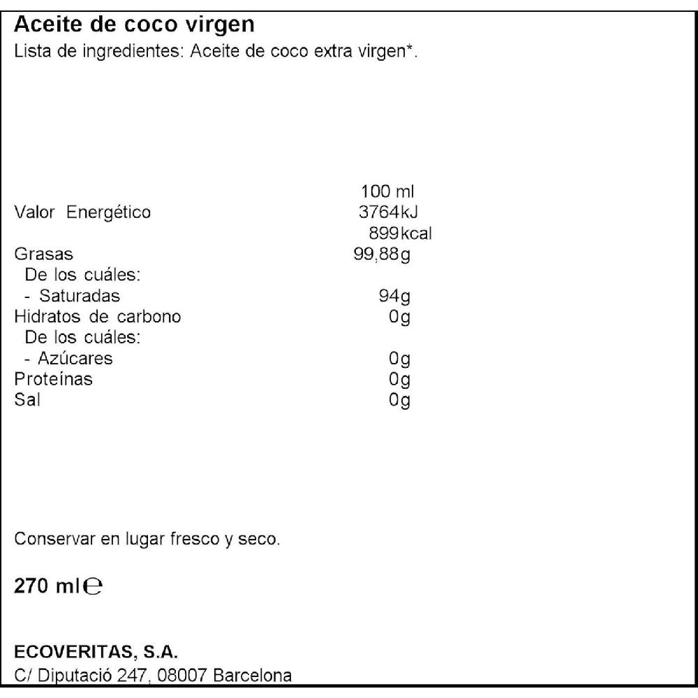 Eroski Aceite De Coco Virgen VERITAS Frasco 270 Ml