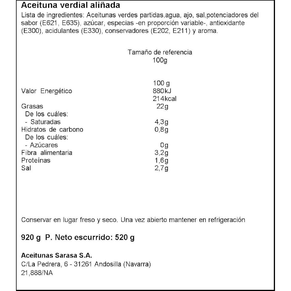Eroski Aceituna Chupadedos SARASA Frasco 520 G