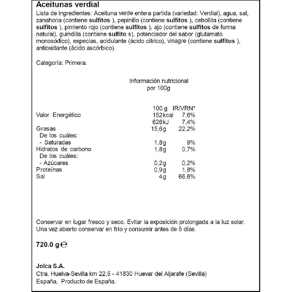 Eroski Aceitunas Verde Gazpacho JOLCA Frasco 720 G