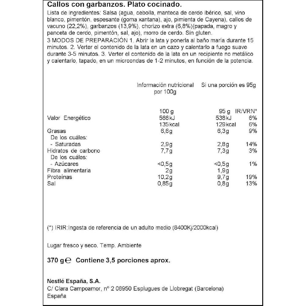 Eroski Callos Con Garbanzos LITORAL Lata 370 G