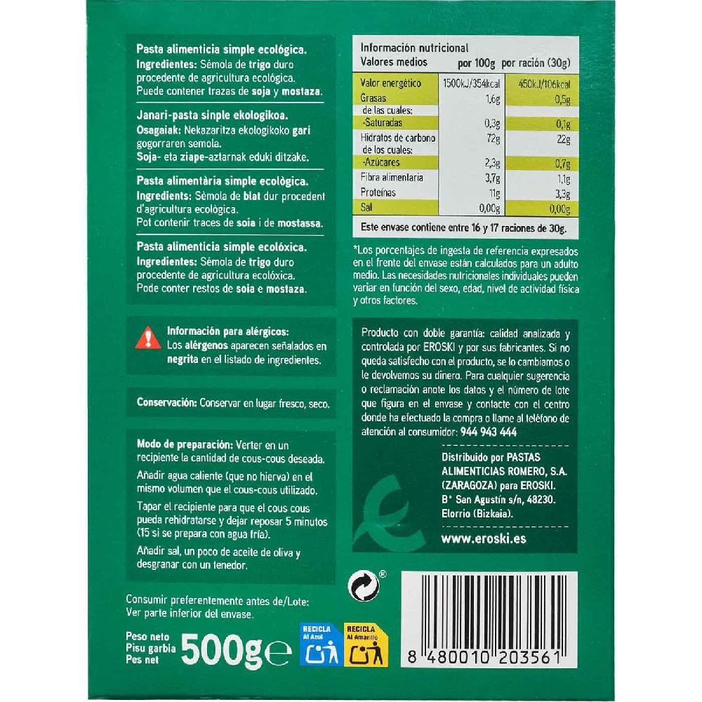 Eroski Cous Cous Bio EROSKI BIO/ECO Caja 500 G