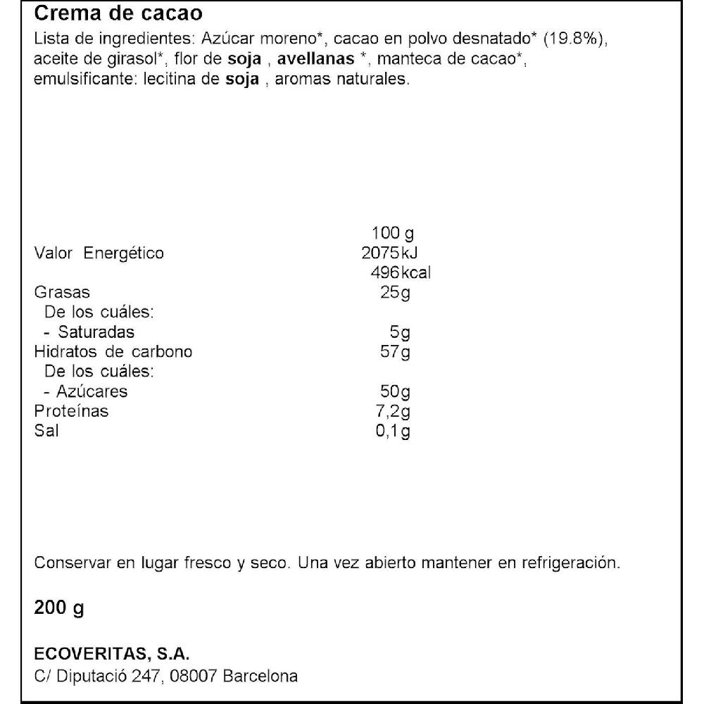 Eroski Crema De Cacao VERITAS Frasco 200 G
