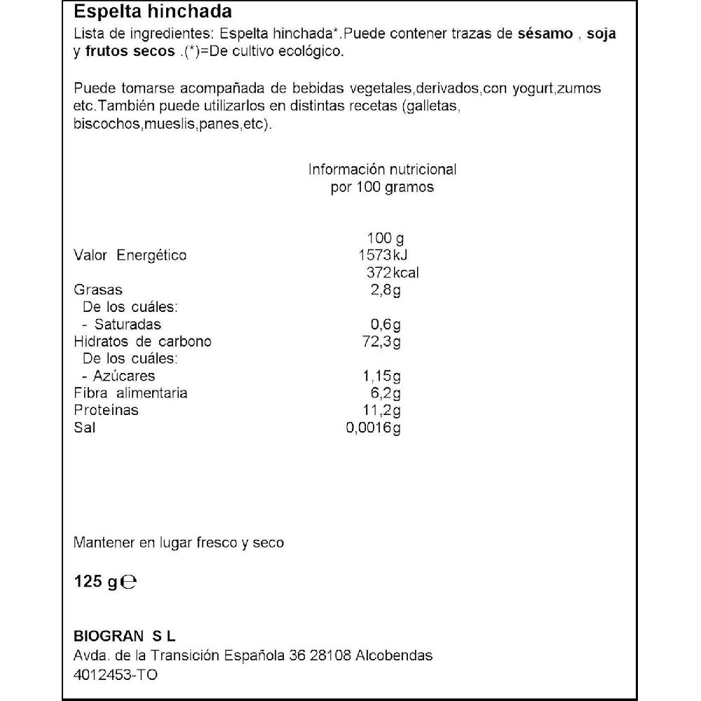 Eroski Espelta Hinchada Bio ECOCESTA Bolsa 125 G