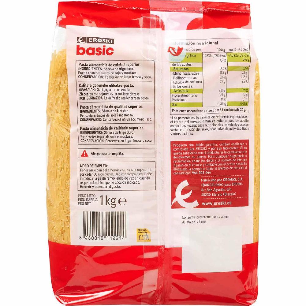 Eroski Fideo Cabellín EROSKI Basic Paquete 1 Kg