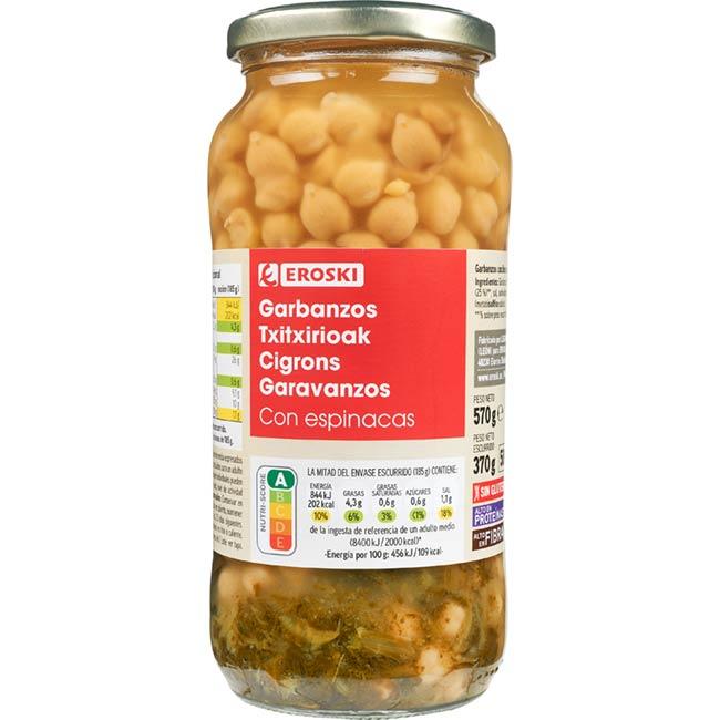 Eroski Garbanzos con espinacas EROSKI frasco 370 g