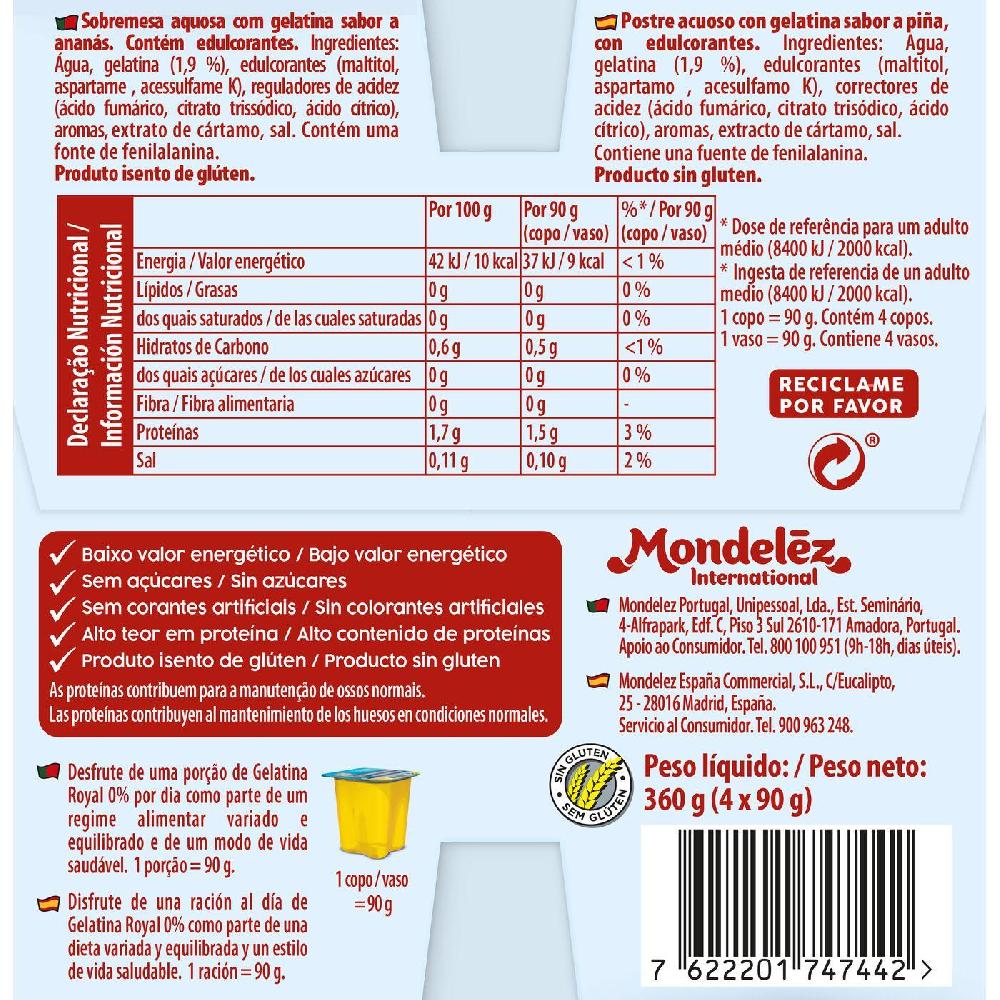 Eroski Gelatina Sabor Piña 0% ROYAL Pack 4x90 G
