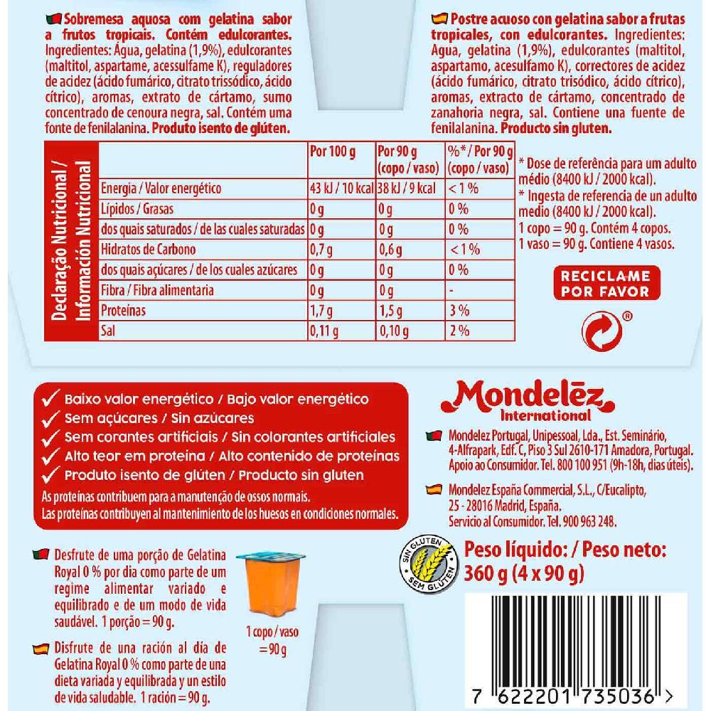 Eroski Gelatina Sabor Tropical 0% ROYAL Pack 4x90 G