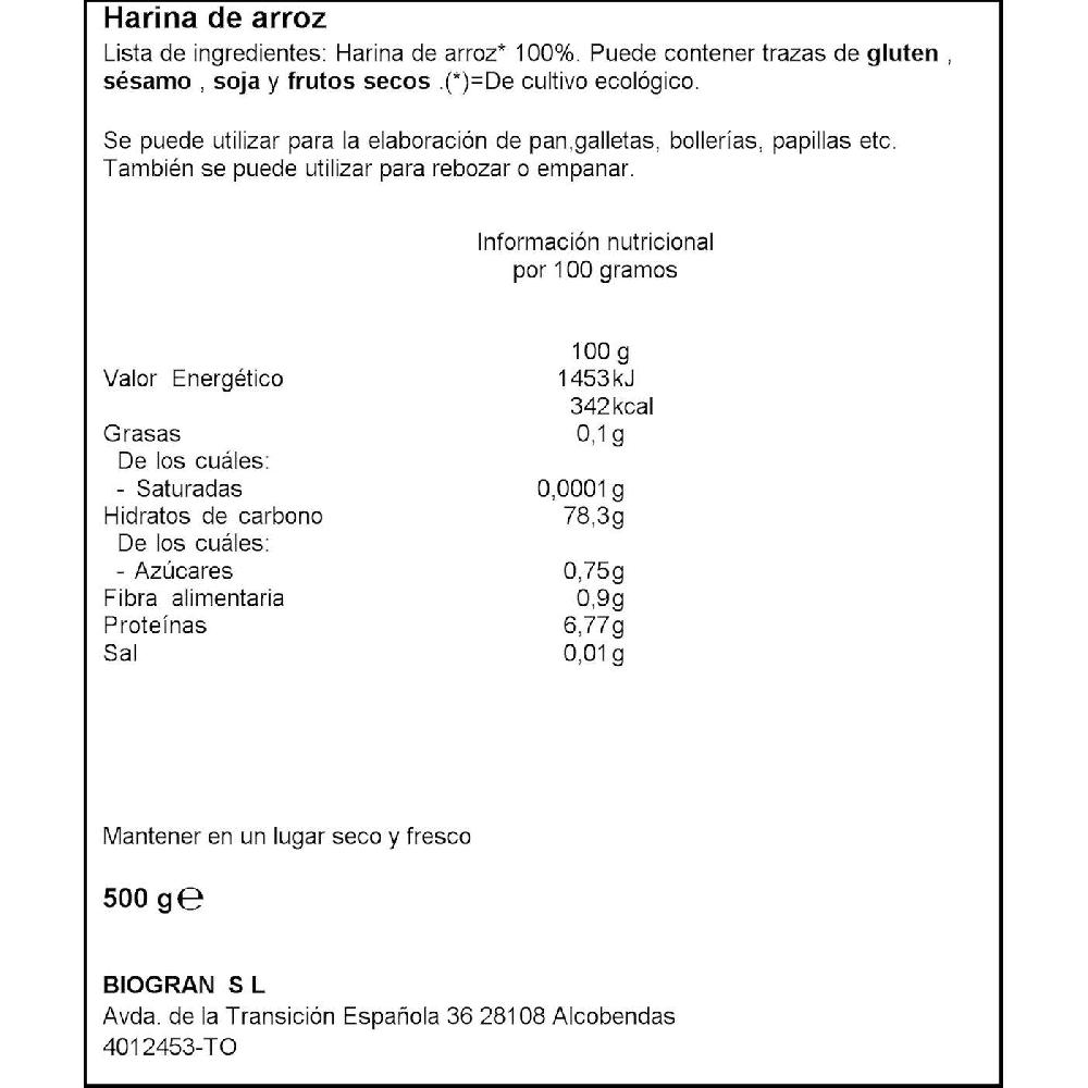 Eroski Harina De Arroz Bio ECOCESTA Paquete 500 G