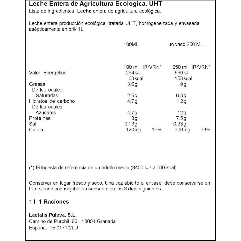 Eroski Leche Entera Ecológica PULEVA Brik 1 Litro
