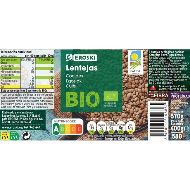 Eroski Lenteja Cocida EROSKI BIO Frasco 400 G