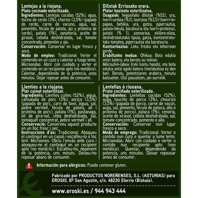 Eroski Lentejas A La Riojana EROSKI Lata 425 G