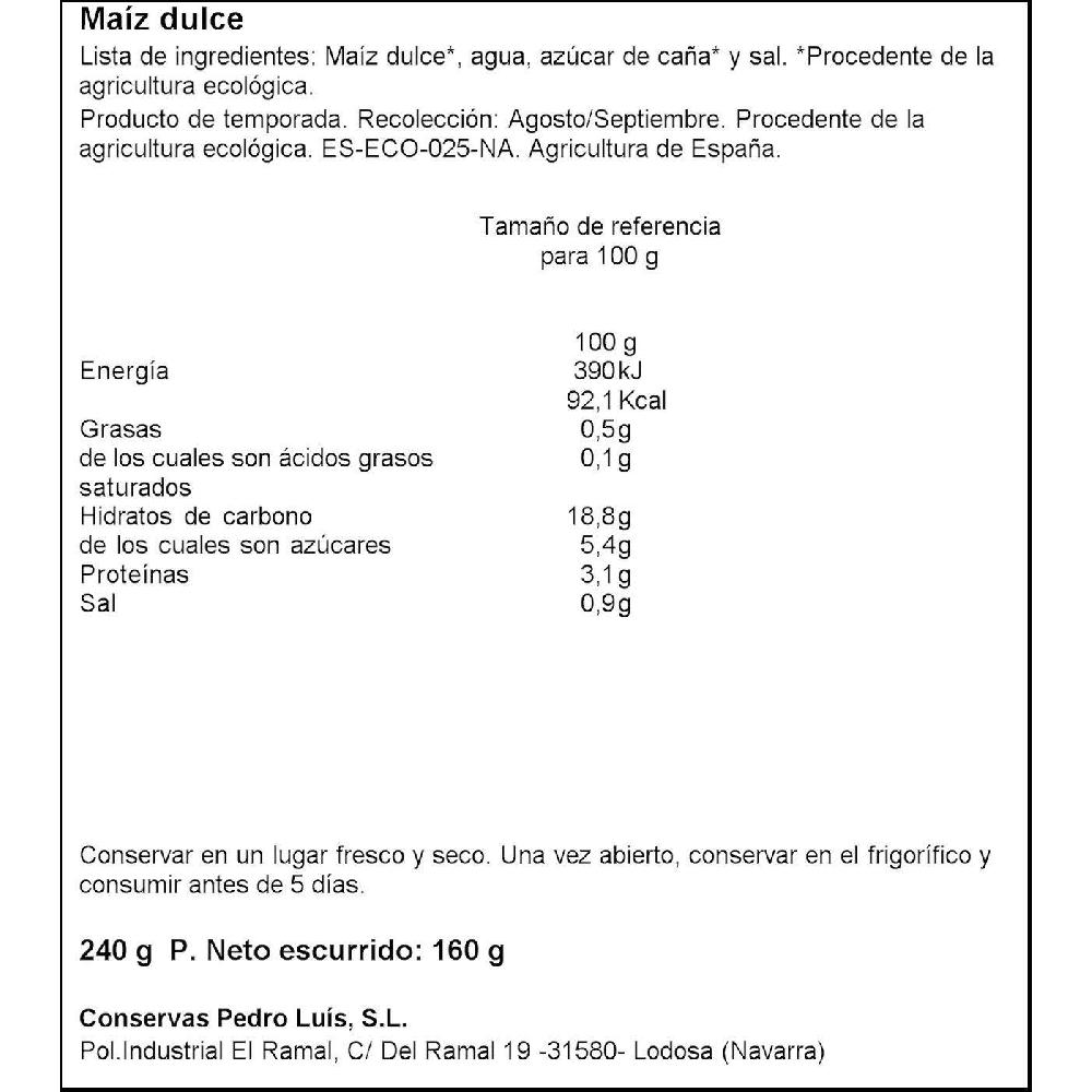 Eroski Maíz Ecológico PEDRO LUIS Frasco 160 G