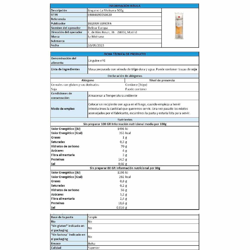 Eroski Pasta Linguine LA MOLISANA Paquete 500 G