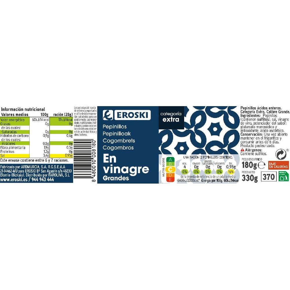 Eroski Pepinillos Grandes EROSKI Frasco 180 G