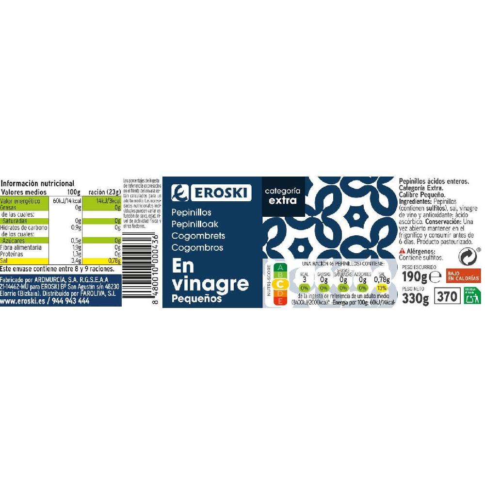 Eroski Pepinillos Pequeños EROSKI Frasco 190 G