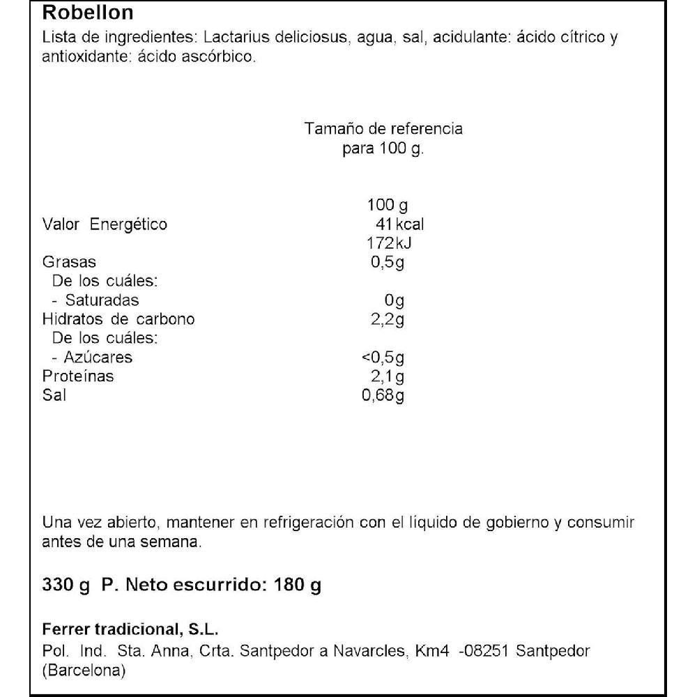 Eroski Rovellón En Trozos FERRER Frasco 330 G