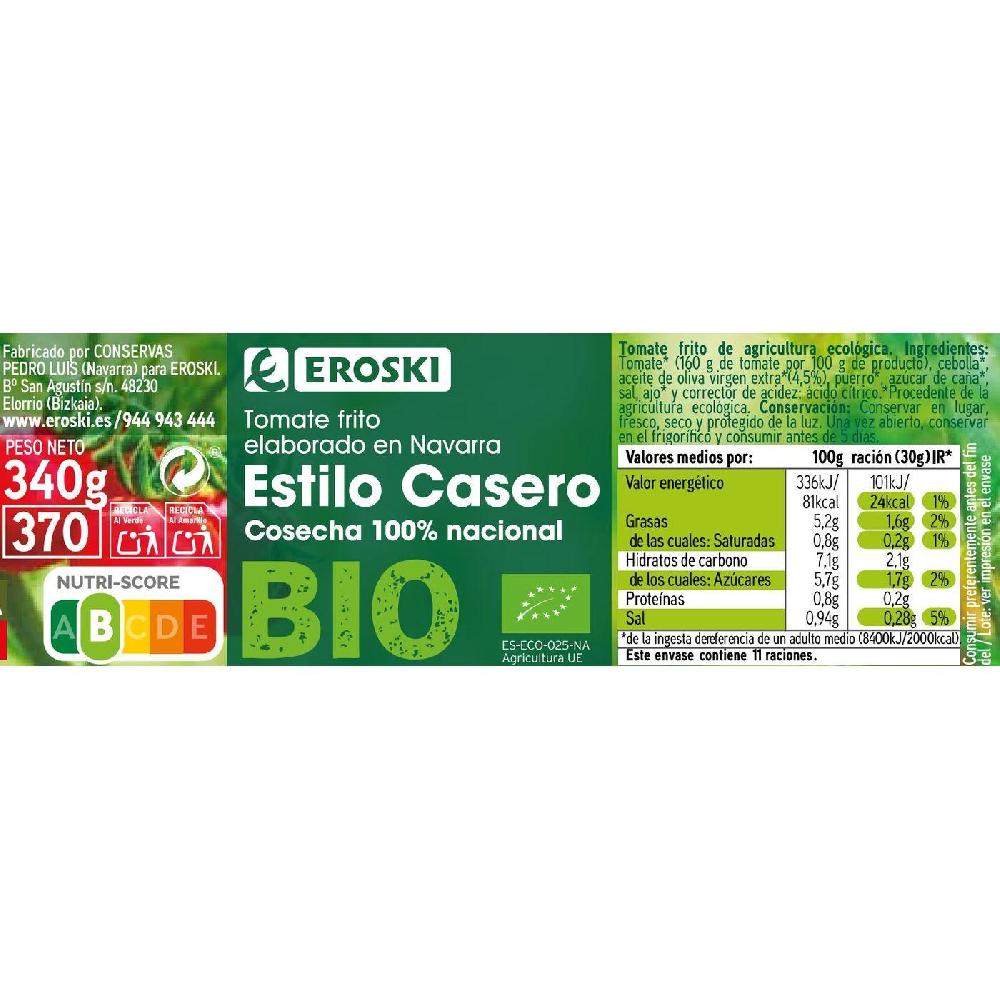Eroski Tomate Frito Casero EROSKI BIO Frasco 340 G