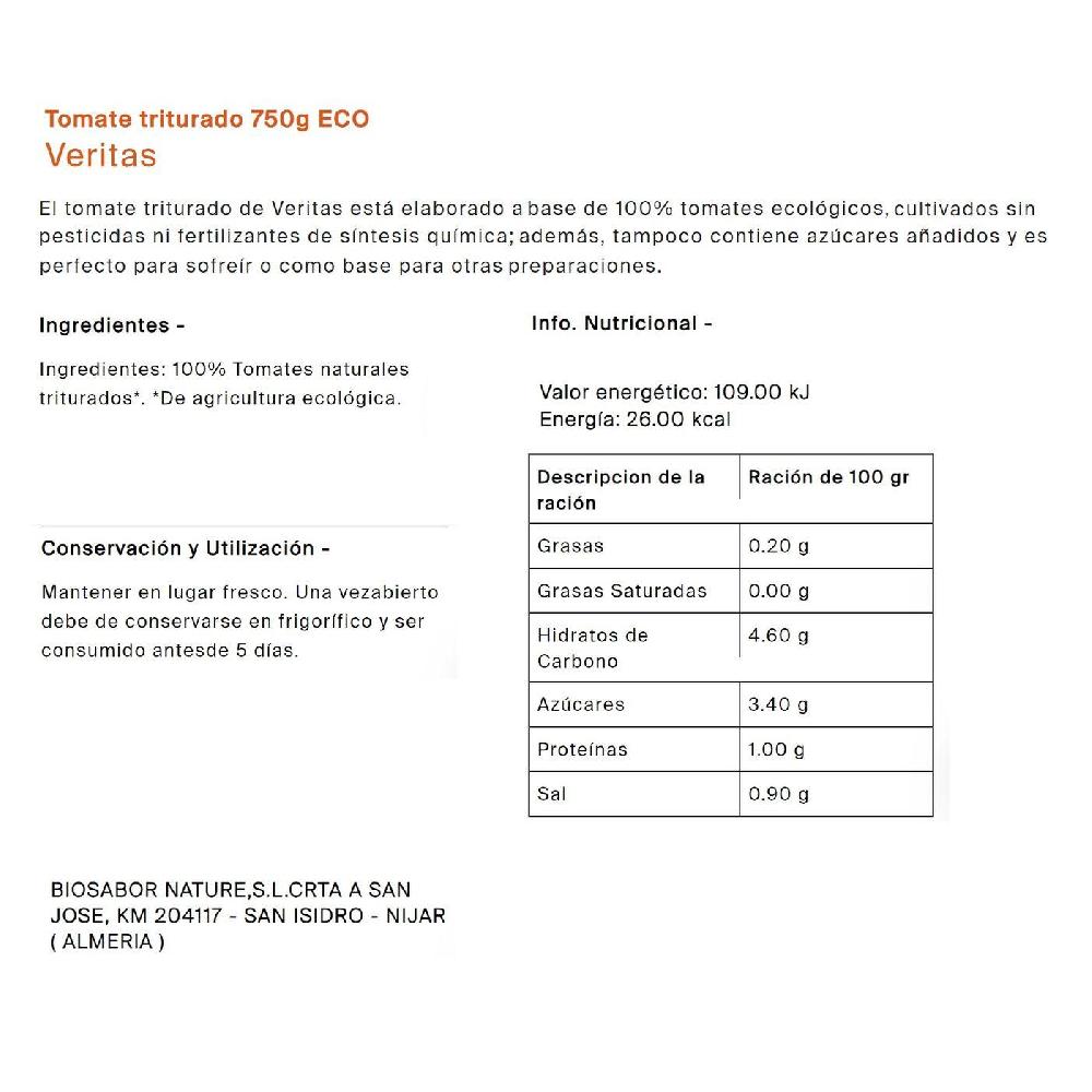 Eroski Tomate Triturado Eco VERITAS Frasco 750 G