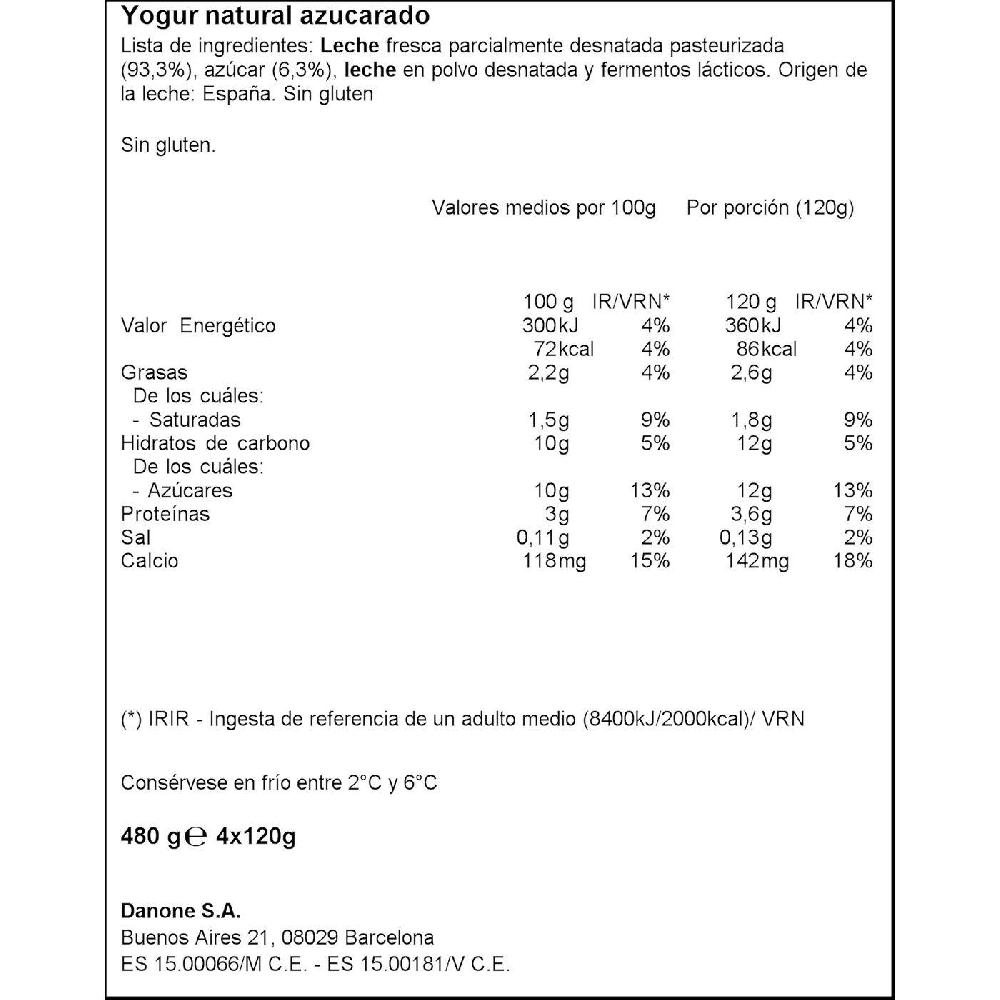 Eroski Yogur Natural Azucarado DANONE Pack 4x120 G