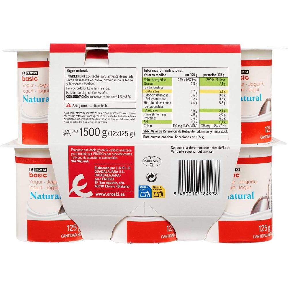 Eroski Yogur Natural EROSKI Basic Pack 12x125 G