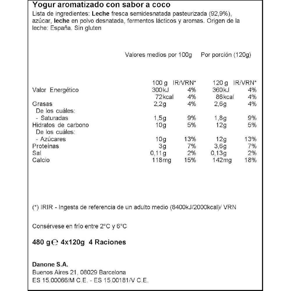 Eroski Yogur Sabor Coco DANONE Pack 4x120 G