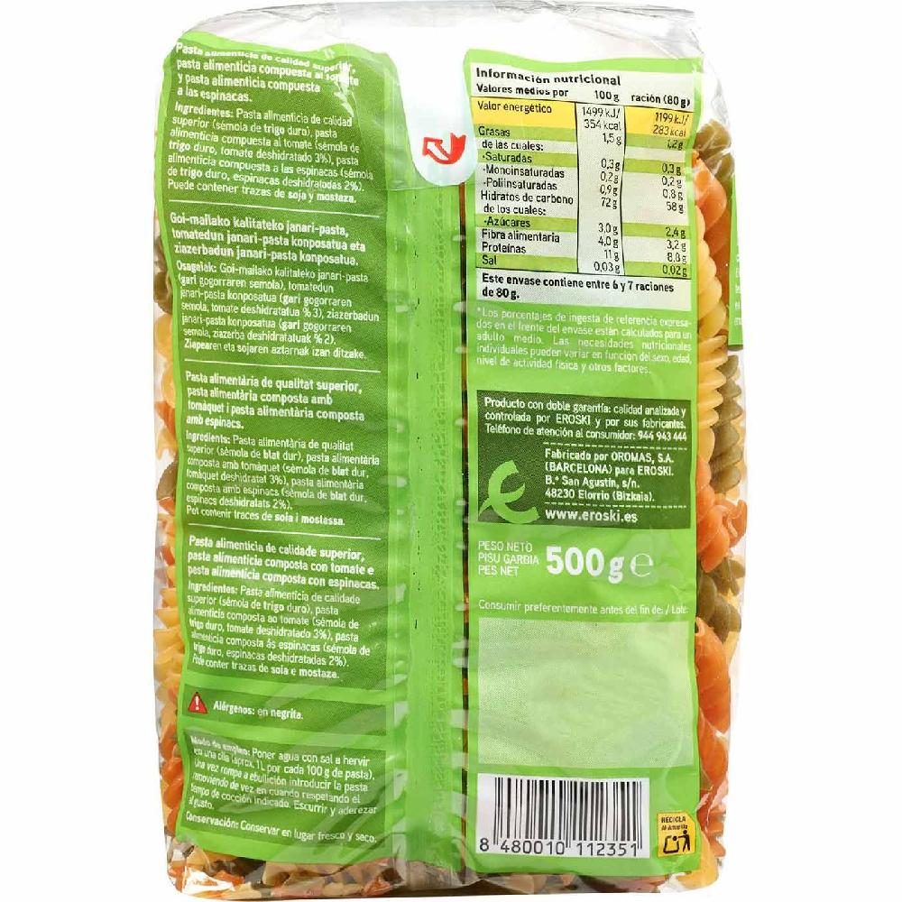 Eroski Espirales Con Vegetales EROSKI Paquete 500 G