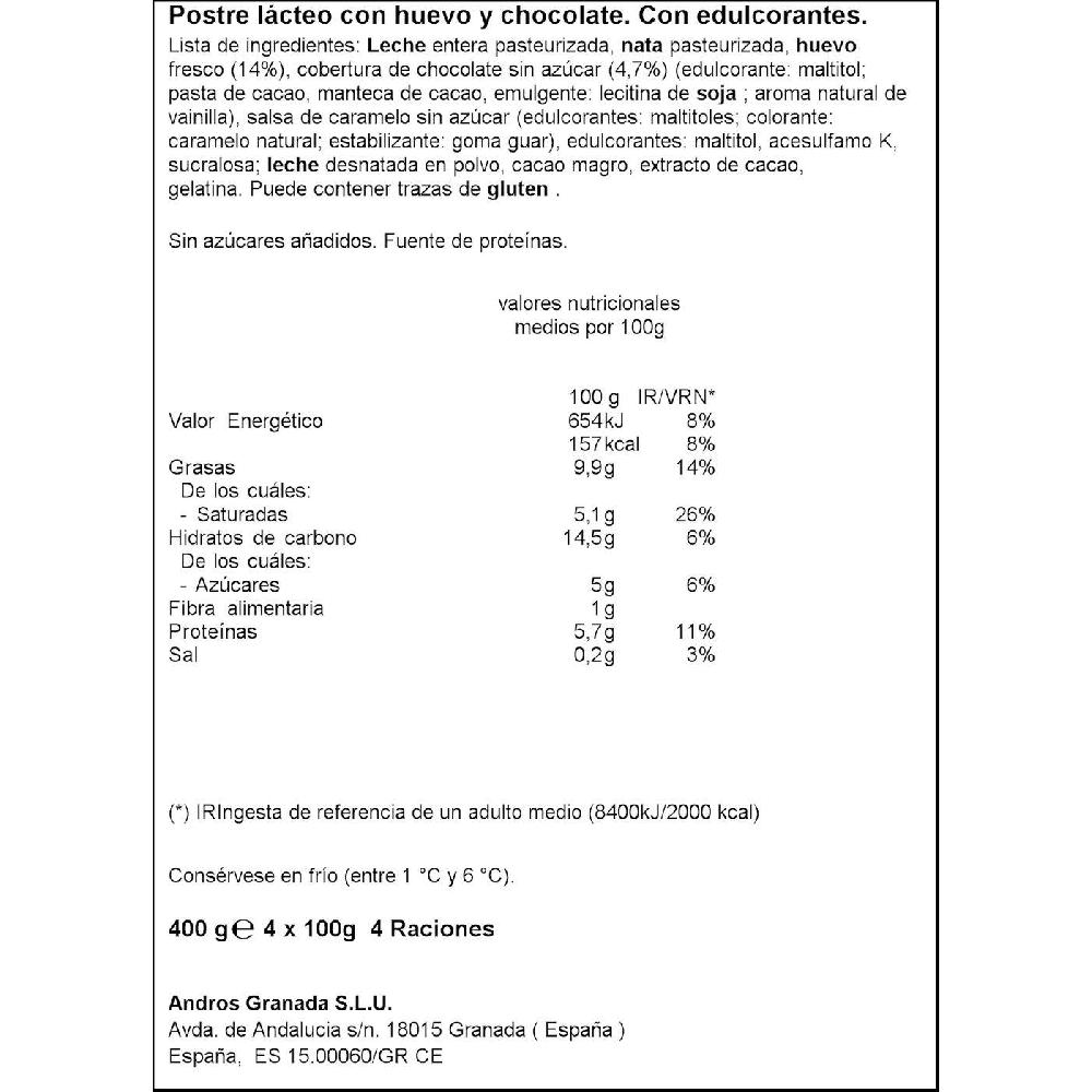 Eroski Flan De Huevo Y Chocolate 0% Sin Azúcar DHUL Pack 4x100 G