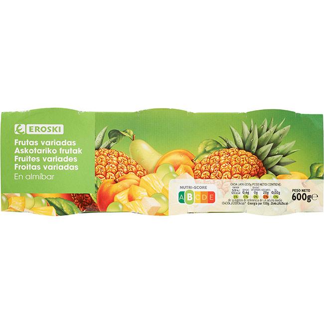 Eroski Frutas variadas en almíbar EROSKI pack 3x115 g