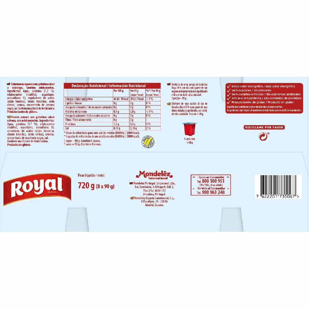 Eroski Gelatina Refrigerada Sabor Fresa 0% ROYAL Pack 8x90 G