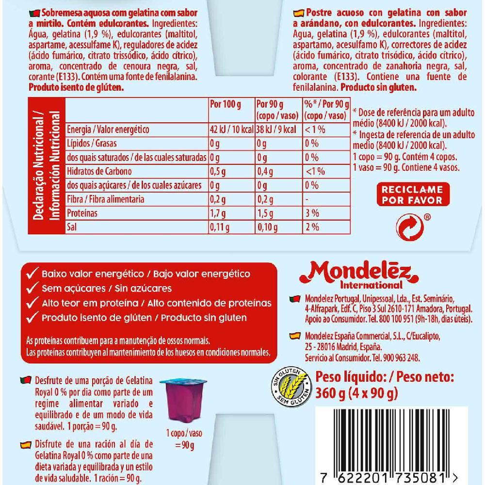 Eroski Gelatina Sabor Arándanos 0% ROYAL Pack 4x90 G