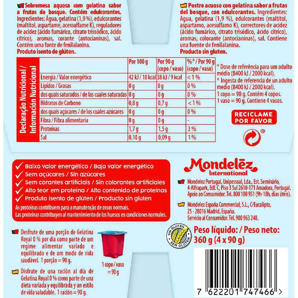 Eroski Gelatina Sabor Frutos Del Bosque 0% ROYAL Pack 4x90 G