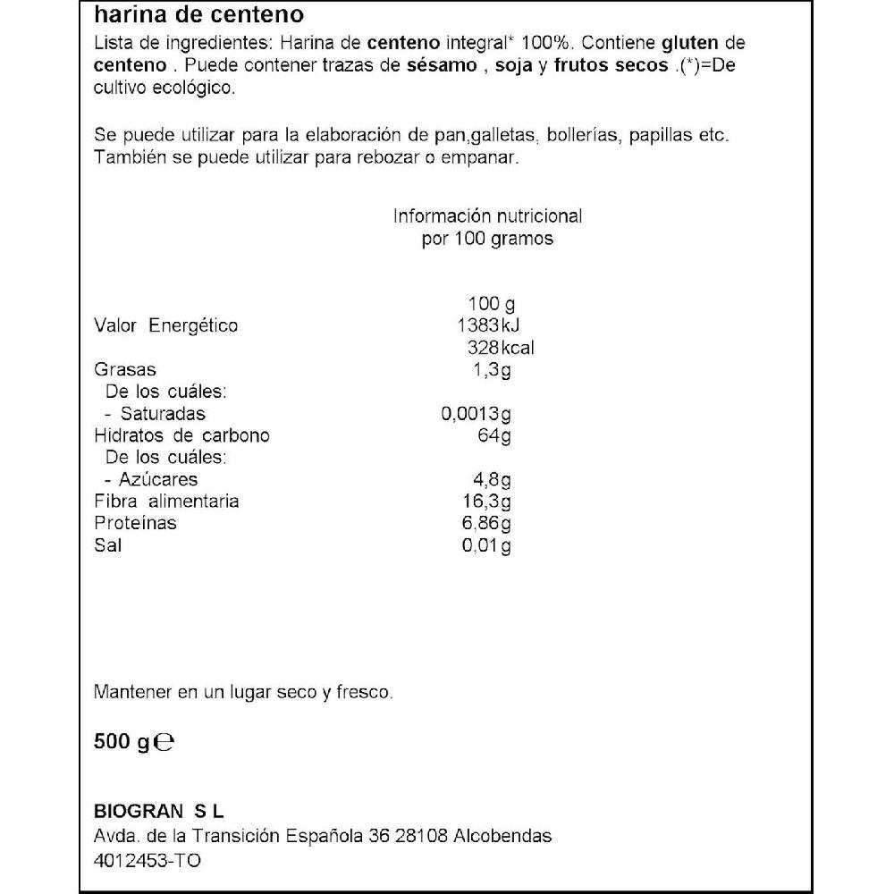 Eroski Harina De Centeno Integral Bio ECOCESTA Paquete 500 G