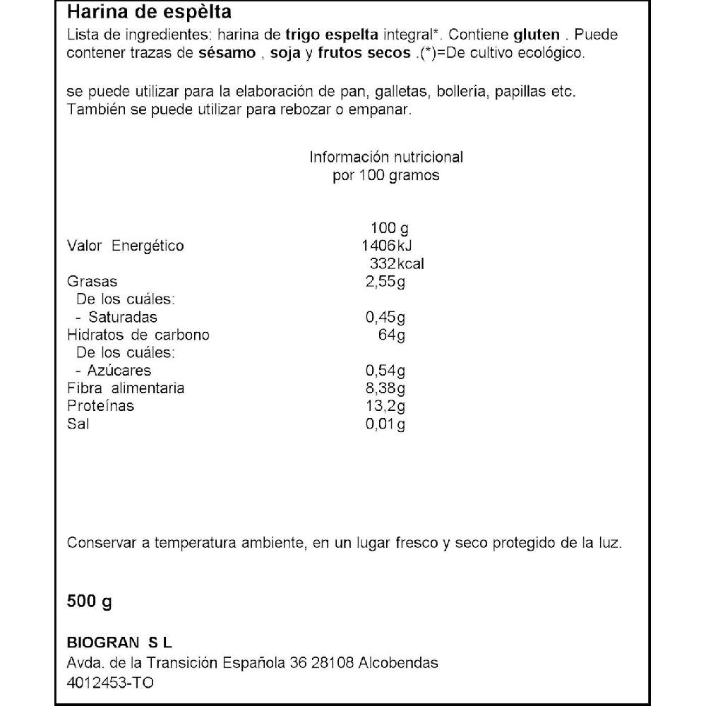 Eroski Harina De Espelta Integral Bio ECOCESTA Paquete 500 G