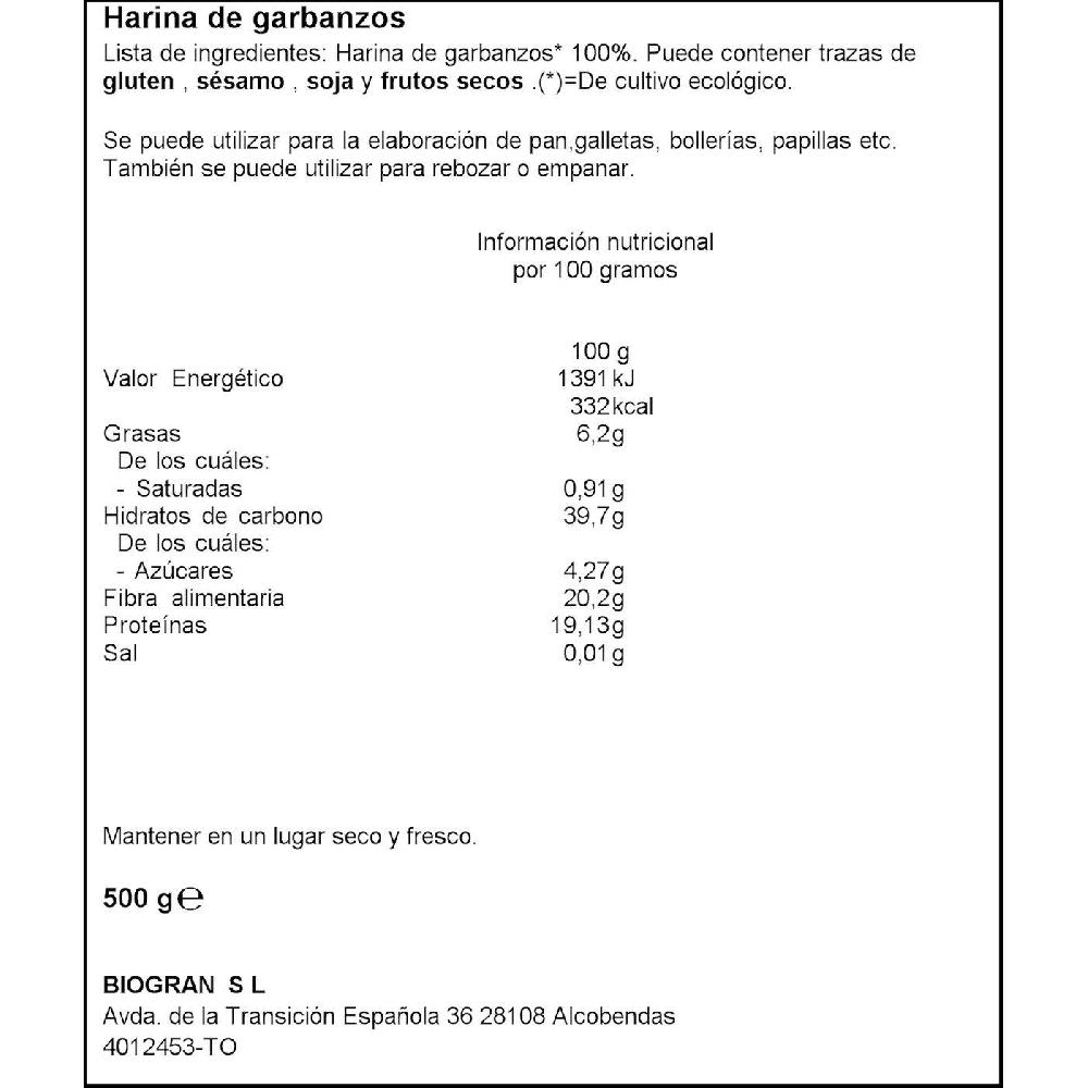 Eroski Harina De Garbanzos Bio ECOCESTA Paquete 500 G