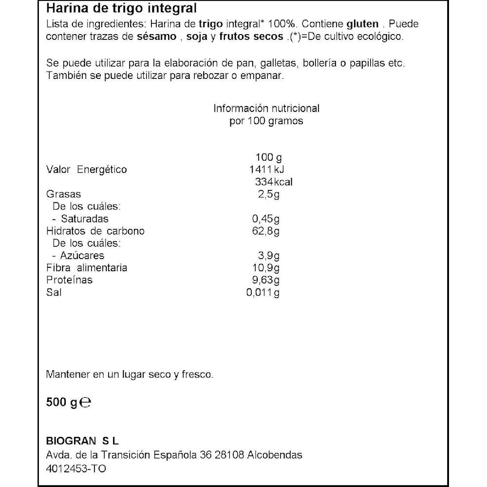 Eroski Harina De Trigo Integral Bio ECOCESTA Paquete 500 G