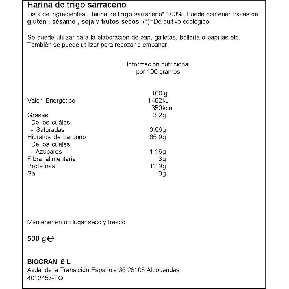 Eroski Harina De Trigo Sarraceno Bio ECOCESTA Paquete 500 G