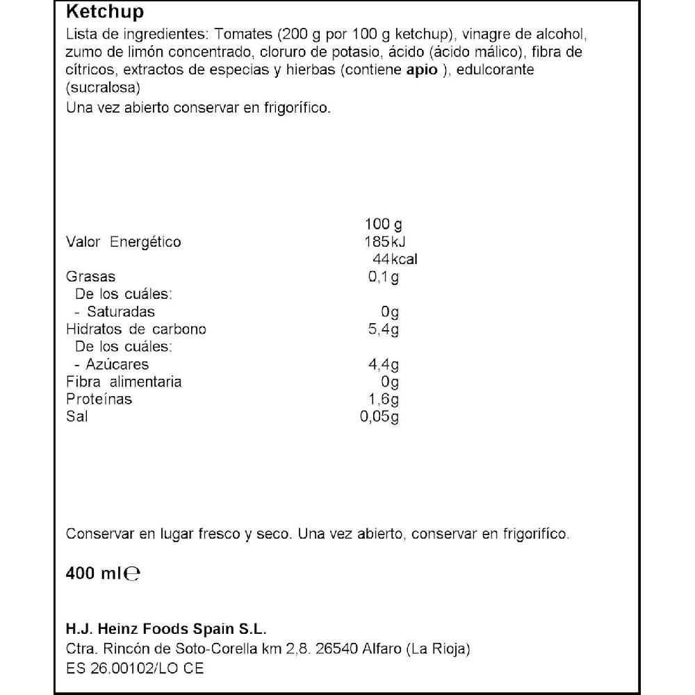 Eroski Ketchup Zero Sin Sal Ni Azúcares Añadidos HEINZ Bocabajo 425 G