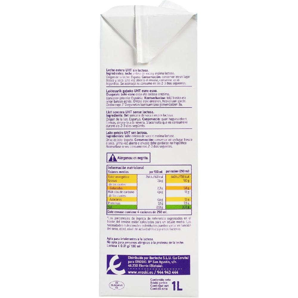 Eroski Leche Entera Sin Lactosa EROSKI Brik 1 Litro