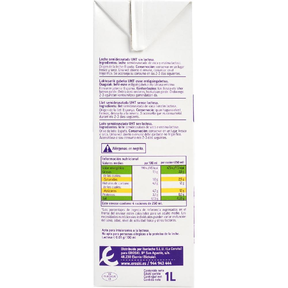 Eroski Leche Semidesnatada Sin Lactosa EROSKI Brik 1 Litro
