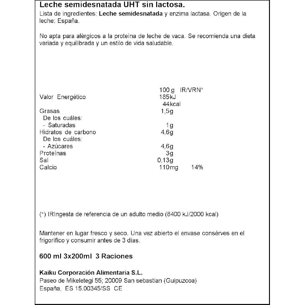 Eroski Leche Semidesnatada Sin Lactosa KAIKU Pack 3x200 Ml