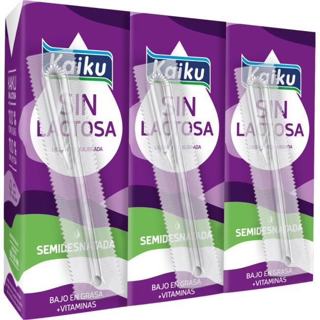Eroski Leche semidesnatada sin lactosa KAIKU pack 3x200 ml