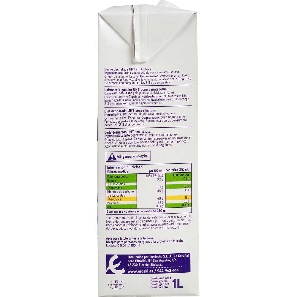 Eroski Leche Sin Lactosa Desnatada EROSKI Brik 1 Litro