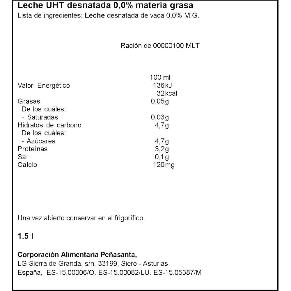 Eroski Leche Uht 0 0% Materia Grasa ASTURIANA Botella 1 5 Litros