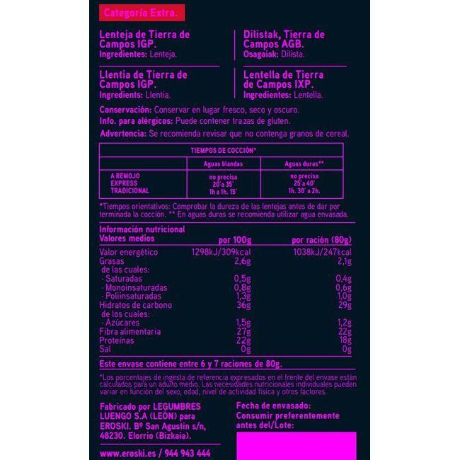 Eroski Lenteja I.G.P. Tierra De Campos E. SELEQTIA Saco 500 G