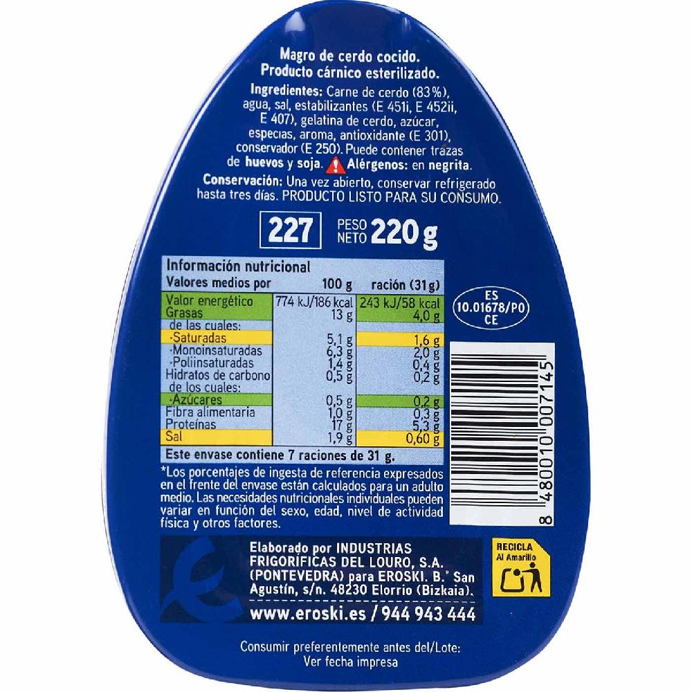 Eroski Magro De Cerdo Cocido Extra EROSKI Lata 220 G
