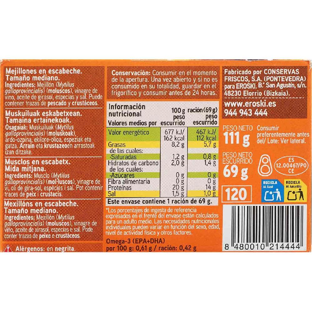 Eroski Mejillón En Escabeche De Galicia 8/12 EROSKI Lata 111 G