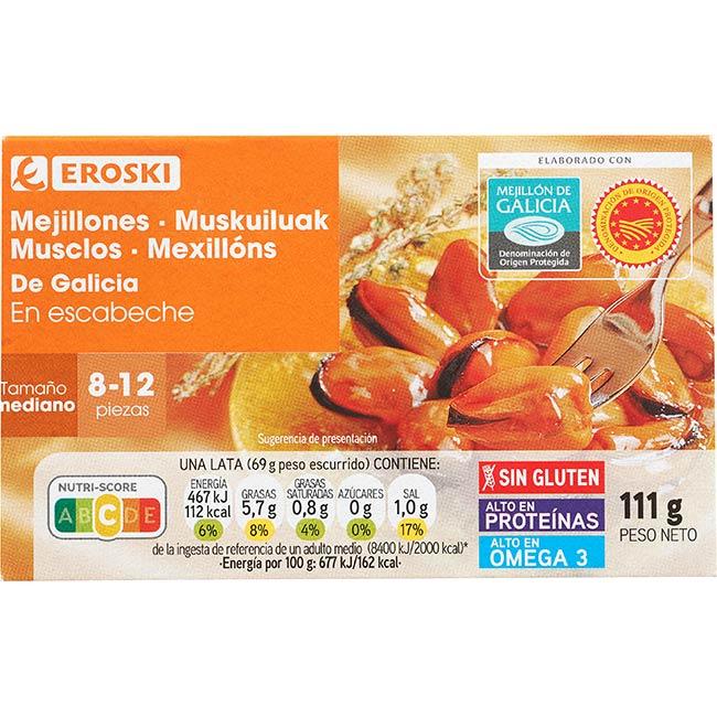 Eroski Mejillón en escabeche de Galicia 8/12 EROSKI lata 111 g