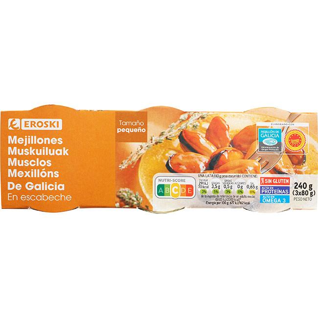Eroski Mejillón en escabeche de Galicia EROSKI pack 3x80 g