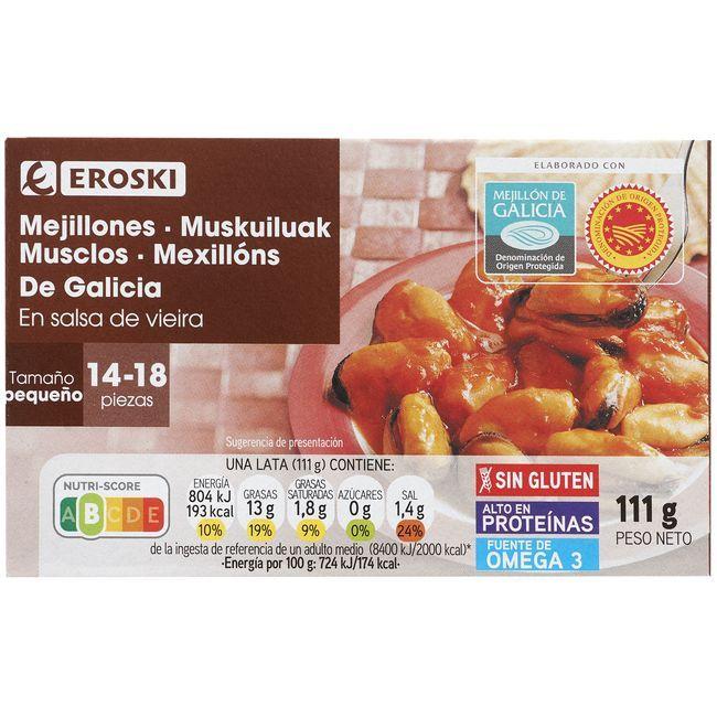 Eroski Mejillón en salsa de vieira de Galicia EROSKI lata 111 g